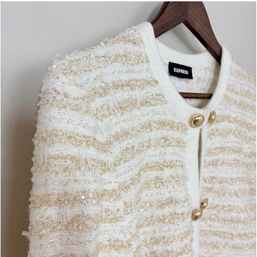 Express Womens M Lady Jacket Cream Gold Tweed Knit Cardigan Old Money Classic - Picture 6 of 12